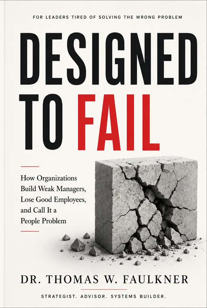 Designed to Fail book cover — How Organizations Build Weak Managers, Lose Good Employees, and Call It a People Problem, by Dr. Thomas W. Faulkner