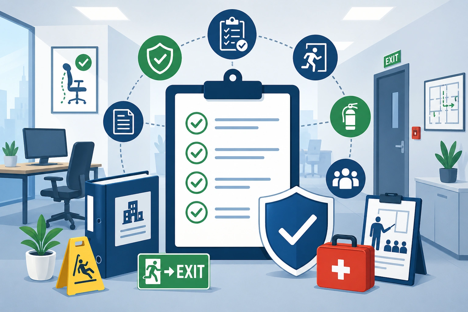 OSHA office compliance review with workplace safety documentation and office hazard controls